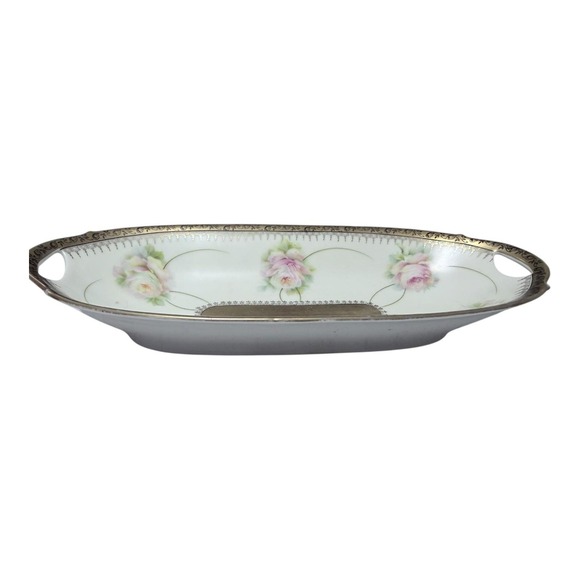 Bavaria Other - VTg Bavaria Handpainted Porcelain Bread Tray Celery Dish Pink Roses Gold‎ Trim